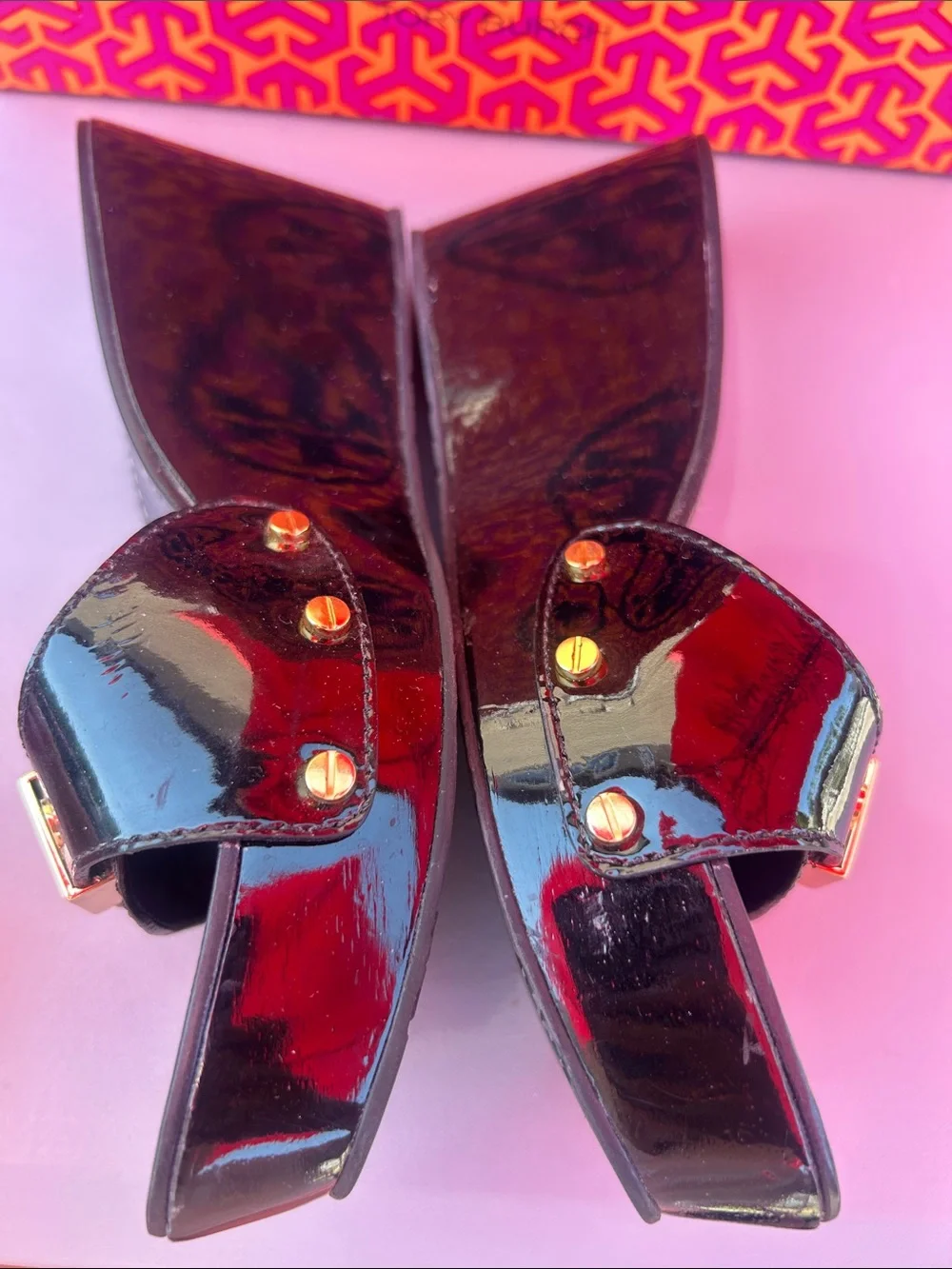 Tory Burch Black Patent Slide Sandals with Red Logo